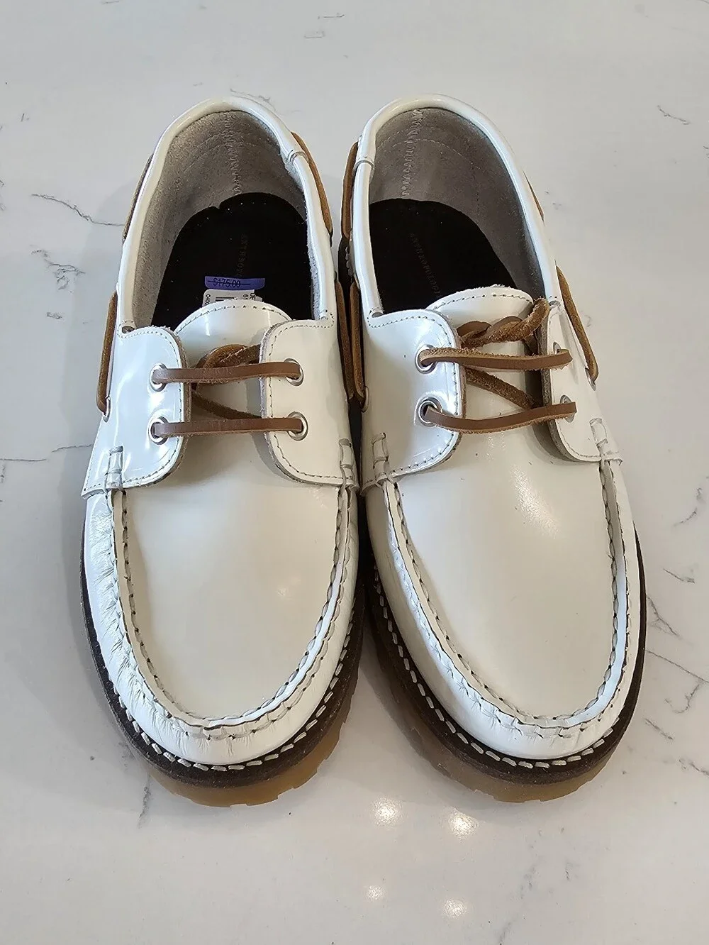 Anthropologie White Leather Boat Shoes w/Brown Trim Women's Size 8.5 NWOB